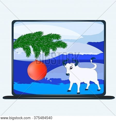 Winter Landscape On A Computer Screen - Goby, Spruce Branch, Snow - Vector. Banner. Christmas.