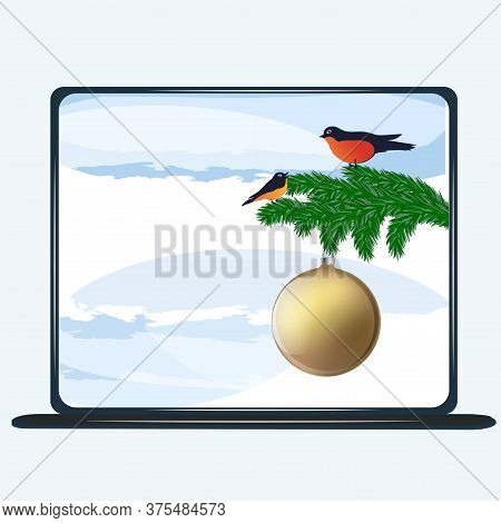 Winter Landscape On A Computer Screen - Spruce Branch, Bullfinches, Snow - Vector. Banner. Christmas