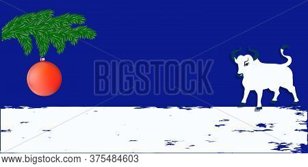 Christmas Ball, Spruce Branch, White Bull - Blue And White Background - Vector. New Year Banner