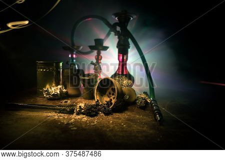 Hookah Hot Coals On Shisha Bowl Making Clouds Of Steam At Arabian Interior. Shisha Concept. Preparin