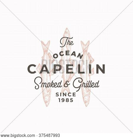 Smoked And Grilled Fish. Abstract Vector Sign, Symbol Or Logo Template. Hand Drawn Capelin With Clas