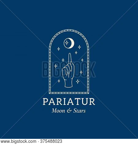 Hand Pointing With Finger To The Moon And Stars In Space Through Window. Abstract Vector Trendy Gest