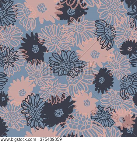 Vector Pink Violet Camomiles, Daisies Seamless Pattern Blue Background Print. Surface Pattern Design