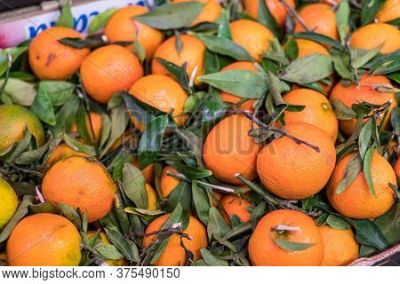 Colorful Oranges On The Fruit Stand In Local Market