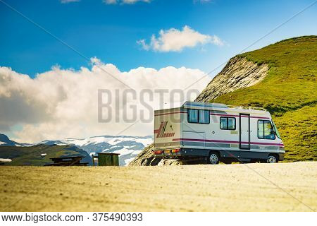 Vikafjellet, Norway - July 5, 2018: Clou Liner Caravan On Roadside In Vikafjellet Between Vinje - Vi