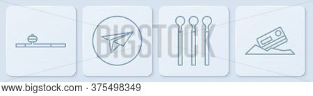 Set Line Opium Pipe, Matches, Messenger And Cocaine And Credit Card. White Square Button. Vector