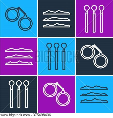 Set Line Handcuffs, Matches And Cocaine Or Heroin Drug Icon. Vector