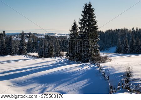 Winter Scene On A Sunny Cold Morning In Marisel, Cluj County, Transylvania Region, Romania