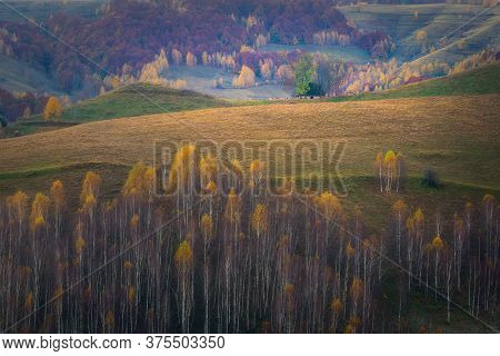 Old Barn House On Top Of A Hill With Some Cows Around The Barn On An Autumn Day And Mountains In The
