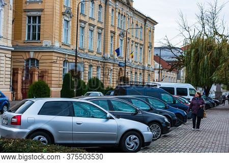 Parked Cars Along The Street In Downtown Of Lugoj, Romania, 2020.