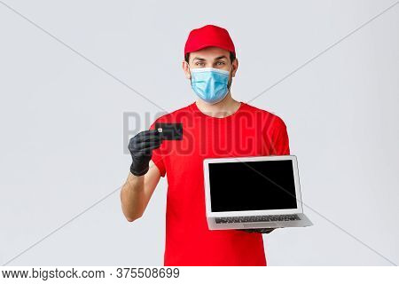 Customer Support, Covid-19 Delivery Packages, Online Orders Processing Concept. Smiling Courier In R