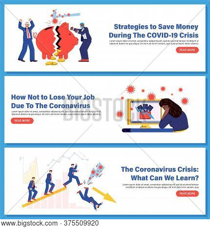 Coronavirus And Money Advice Banner Set With Cartoon People Sad About Finance Loss And Stock Market 