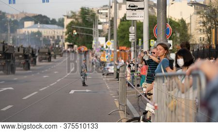 Moscow, Russia - June 17, 2020: People On The Streets Watching The Rehearsal Of The Military Parade 