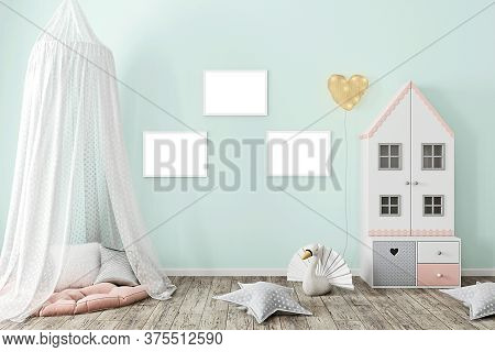 Kids Frame Mockup, 3d Renering  Room, Wall Poster Mockup