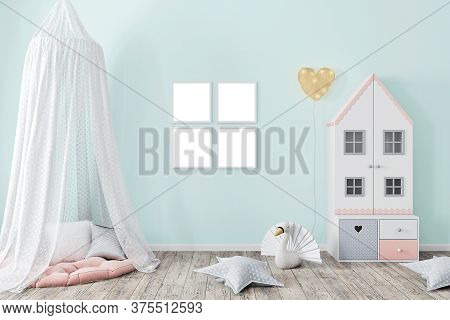 Kids Frame Mockup, 3d Renering  Room, Wall Poster Mockup