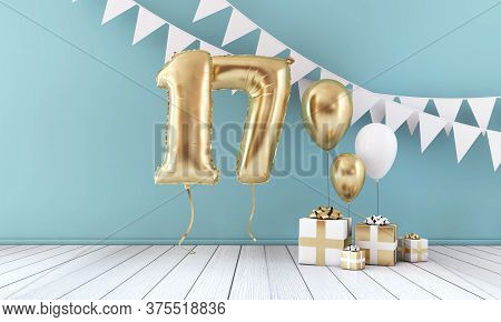 Happy 17th Birthday Party Celebration Balloon, Bunting And Gift Box. 3d Rendering