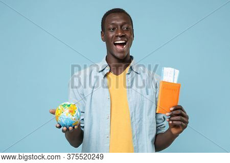 Cheerful Young African American Man Guy In Casual Shirt Yellow T-shirt Isolated On Blue Background I