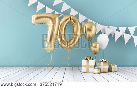 Happy 70th Birthday Party Celebration Balloon, Bunting And Gift Box. 3d Rendering