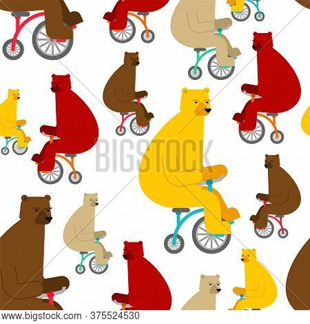 Bear On Bicycle Pattern Seamless. Beast Rides Bicycle Background. Baby Fabric Texture