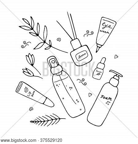 Cute Girlish Beauty Poster With Cosmetics And Tools. Skin Care Produsts. Doodle Hand Drawn Elements.