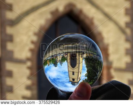 St. Michaels Or Old Tower In Market Square Of Mersch, Luxembourg. Seen Through Crystal Ball