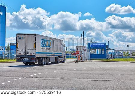 St. Petersburg, Russia - July 27, 2017: Checkpoint At The Customs Terminal. A Truck With A Trailer B