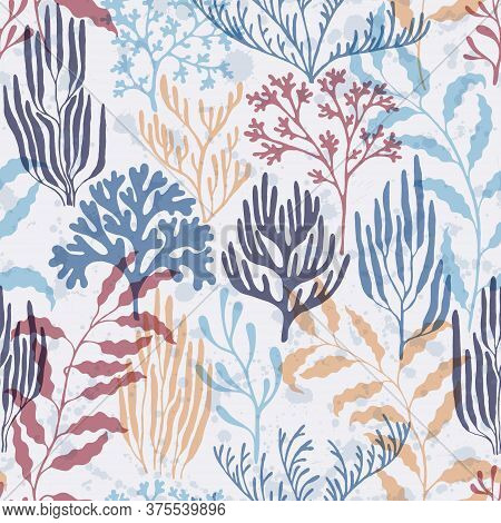 Coral Polyps Seamless Pattern. Kelp Laminaria Seaweed Algae Background. Sea Reef Nature Pattern. Und