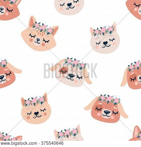 Cute Seamless Spring Pattern With Sleeping Animals. Hand Drawn Background With Animal For Children.