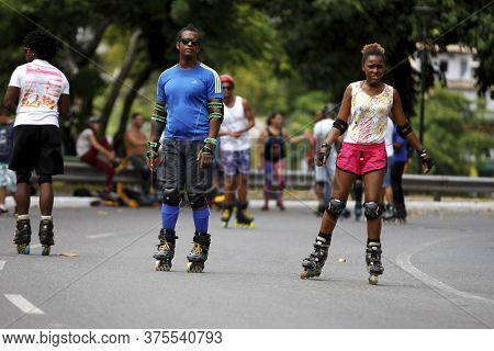 Salvador, Bahia / Brazil - February 21, 2016: People Seen Rollerblading And Practicing Physical Acti