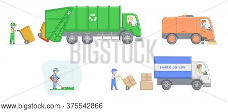 Urban Services Concept. Workers Collect Garbage And Loading It Into Garbage Truck, Clean Street Usin