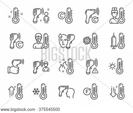 Temperature Line Icons. Thermometer, Check Body Temperature, Fever Diagnostic. Coronavirus Control, 
