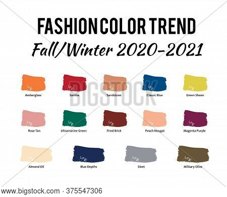 Fashion Color Trend Autumn Winter 2020 - 2021. Trendy Colors Palette Guide. Brush Strokes Of Paint C
