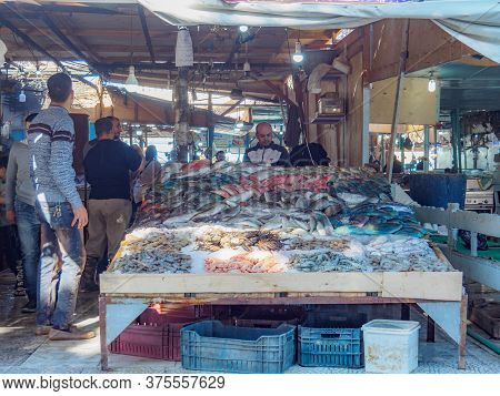 Hurgada, Egypt - February 2020: Stack Full Of Fish And Other Sea Food, Medium View. Street Market Fu