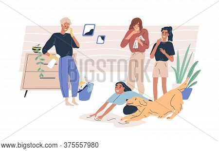Smiling Diverse Family Doing Housework Together Vector Flat Illustration. Joyful Dog Help Mother Was