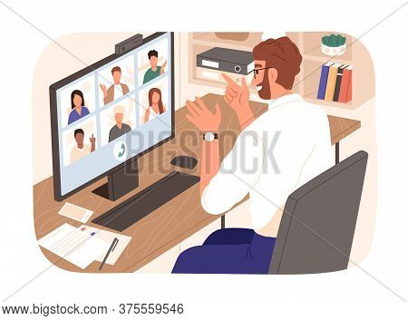 Bearded Smiling Guy Talking With Colleagues During Videoconference Vector Illustration. People Havin
