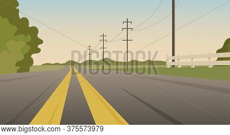 Highway Road Landscape. Electricity Posts Along The Road. Flat Vector Illustration