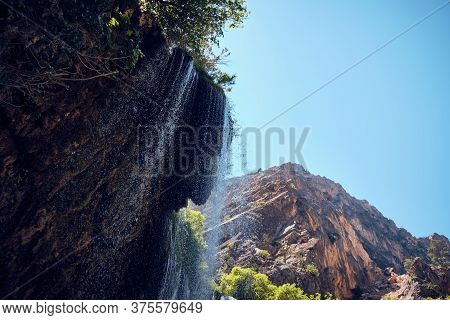 Crystal Clear Water Of Waterfall Bottom Up View. Yerkopru Waterfall, Ermenek River, Mut, Mersin Prov