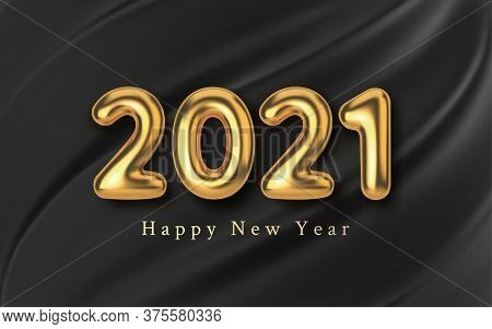 3d Realistic Golden Inscription Balloon 2021 On A Black Silk Background. Golden Metallic Text New Ye