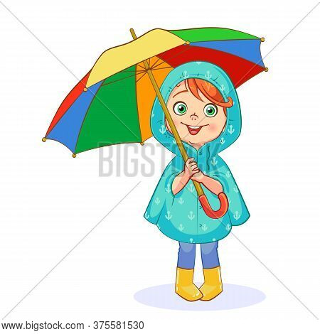 A Cute Child Hides From The Rain Under A Large Rainbow Umbrella. Vector Cartoon Art On A White Backg