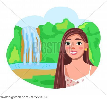 Young Cheerful Girl Make Selfie During Traveling. Traveler Make Photo At Waterfall Background. Happy