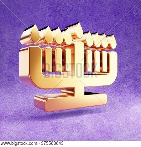 Hanukiah Icon. Gold Glossy Hanukiah Symbol Isolated On Violet Velvet Background. Modern Icon For Web