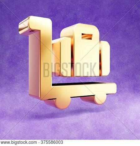 Luggage Cart Icon. Gold Glossy Luggage Cart Symbol Isolated On Violet Velvet Background. Modern Icon