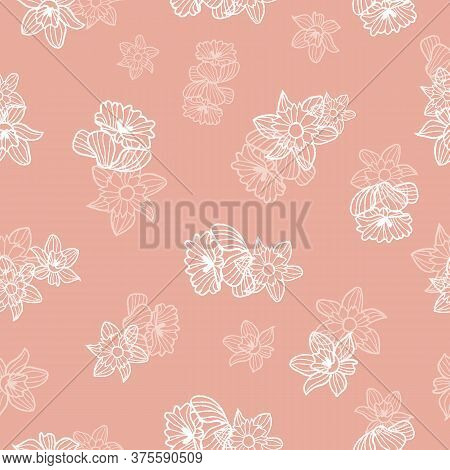 Vector Hand Drawn White Daffodils Flowers Seamless Pattern Pink Print Background. Surface Pattern De