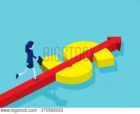 Businesswoman Running On The Money Road. Arrow Financial Direction