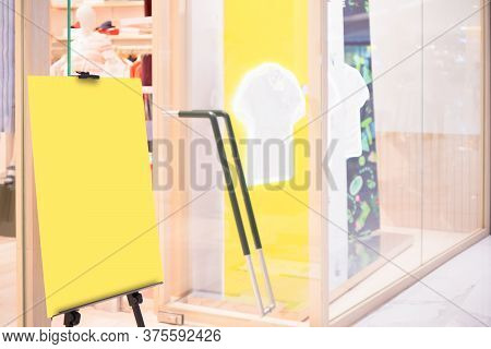 Mock Up Blank Screen Sale Label Billbord Stand Template In Front Of Clothing Store For Sale Promotio