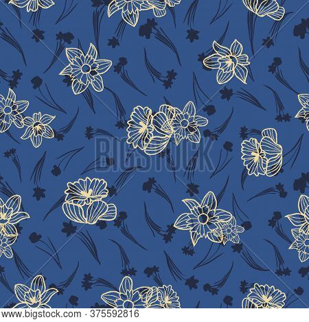 Vector Hand Drawn Yellow Blue Daffodils Seamless Pattern Print Background. Surface Pattern Design. P