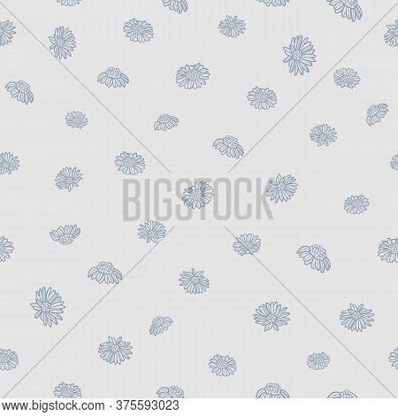 Vector Hand Drawn Grey White Camomiles, Daisies Seamless Pattern Background Print. Surface Pattern D