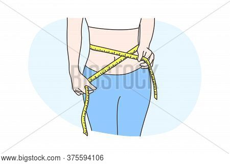 Diet, Health, Care, Measurement, Body Concept. Young Slim Woman Or Girl Cartoon Character Measuring 
