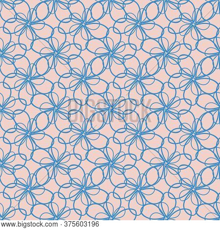 Vector Abstract Flower Wall Seamless Vector Pattern Background. Pink Backdrop Of Blue Overlapping Ou