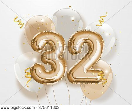Happy 32th Birthday Gold Foil Balloon Greeting Background. 32 Years Anniversary Logo Template- 32th 